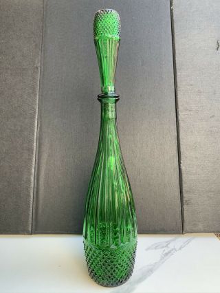 19.  5” Rossini Empoli Italian Glass Genie Bottle Decanter Diamond Point Green