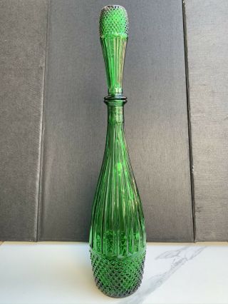 19.  5” Rossini Empoli Italian Glass Genie Bottle Decanter Diamond Point GREEN 2