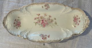 Carl Tielsch C.  T.  Germany 12” Porcelain Bread Serving Bowl Pink Flowers Gold