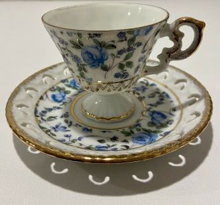 Vintage Enesco Tea Cup & Saucer Blue Flowers Gold Trim