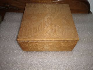 Antique Pyrography Handkerchief Box Carved Wood Hinged
