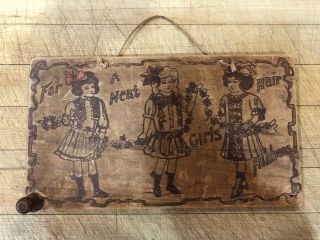 Antique Vintage Art Nouveau Wooden Sign Pyrography Young Girls With Ribbons