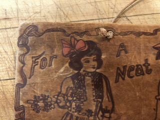 Antique Vintage Art Nouveau Wooden Sign Pyrography Young Girls with Ribbons 3