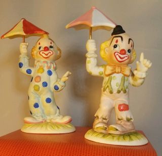 Vintage Lefton Clowns With Umbrella Figurine Hand Painted 1881 4036