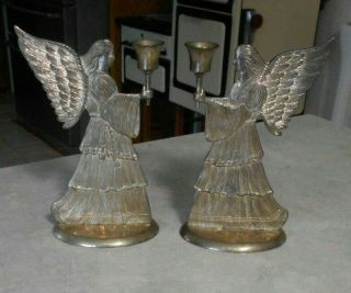 Pair Vtg 1994 I.  S.  Co.  Silver Plated Angel Figurine Candle Holder 9 " Christmas