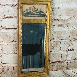 Vintage Wooden Mirror Gold Gilded Paint 14.  5 " X 6.  5 " /w Picture Inlay