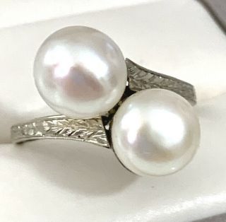 Stunning Antique 14k Gold Ring W/ Real Akoya Pearls Vintage Estate Bypass Ring