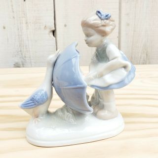 Vintage Duck & Little Girl Figurine Blue White Ceramic Retro Ornament