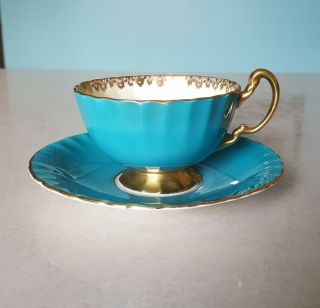 Aynsley Handpainted In England.  Turquoise Teal And Gold Rose Teacup And Saucer