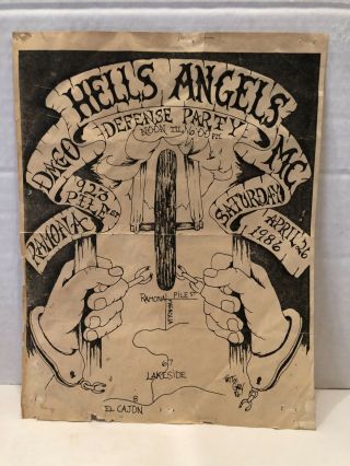 Vintage Flyer Hells Angels Dago Mc Defense Party Ramona Ca 1986 Tattoo Gary