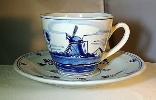 Tea Cup & Saucer Set - Delft Blue & White,  Hand - Painted Windmill,  Holland