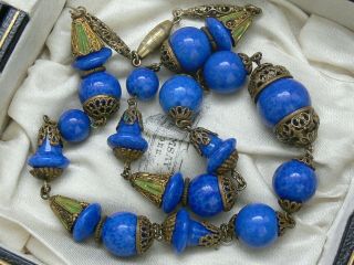 Vintage Art Deco Neiger Lapis Art Glass Bead & Cold Painted Enamel Gilt Necklace