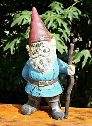 Vintage Antique Cast Iron Garden Gnome / Elf Figurine Statue 14 " Painted Estate