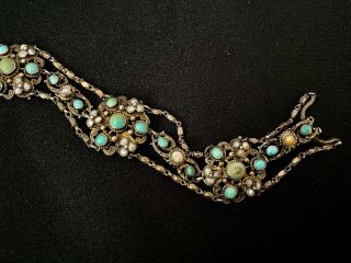 Antique Austro Hungarian 800 Silver Bracelet Turquoise & Pearls Marked.