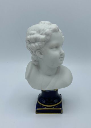 Vintage White Porcelain Bust Of A Boy - Cobalt Blue Base Japan - 6” Tall