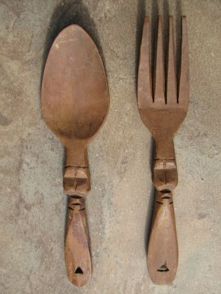 African Folk Art Hand Carved Wooden Spoon And Fork Set Circa 1940 
