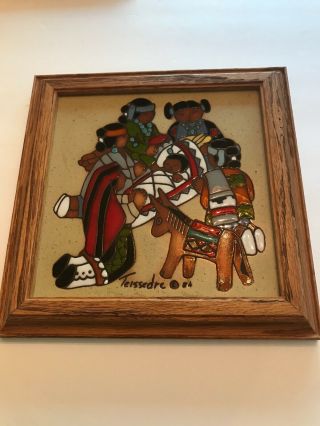 Cleo Teissedre Ceramic Tile Oak Frame Native American Mother Children Baby