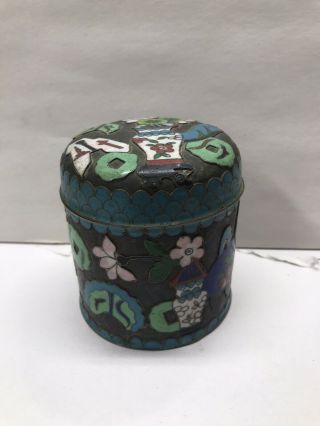 Vintage Chinese Cloisonne Cylinder Shaped Covered Tea Box Marked China