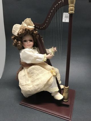 Vintage Doll In White Dress Playing A Harp,  Music Box
