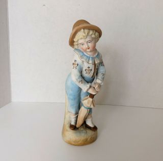 Antique German Bisque Victorian Figurine Boy In Blue W/ Umbrella Piano Baby