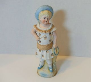 Antique German Bisque Victorian Figurine Girl W/ Hoop & Stick Piano Baby