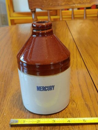 Vintage " Mercury " Stoneware Crock Jugs Bottle Old Antique