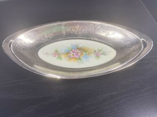 Vintage Germany Ohme Hand Painted W/ Silver Embossed Rim Celery Relish 10” Dish