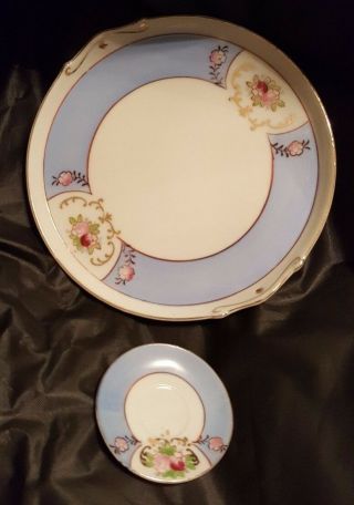 Vintage Miniature 2 Pc Blue & White Plate & Saucer W/beautiful Flowers