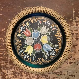 Vintage Hand Painted Metal Toleware Round Tray