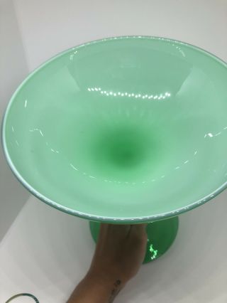Large Vintage Green Opalescent Compote Comport Hand Blown Glass Art Glass 9 3/8” 2