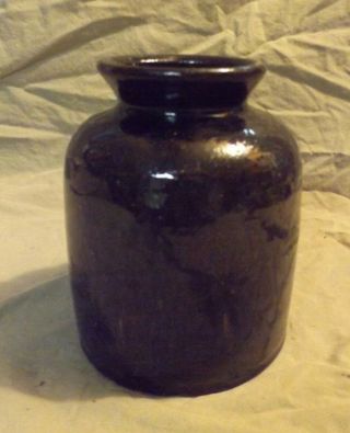 Antique 19th C 6 " Redware Preserve Or Oyster Jar Corker Manganese Decorated