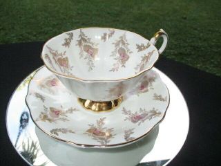 Cup Saucer Queen Anne Wide Mouth Pendant Gold Thistle Bells Pink Accents