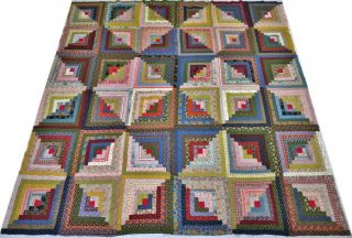Huge Vintage Calico Fabric Handmade Hand Stitched Log Cabin Quilt Top 96x96
