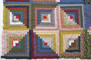 Huge Vintage Calico Fabric Handmade Hand Stitched Log Cabin Quilt Top 96x96 2
