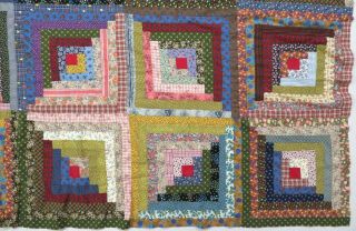 Huge Vintage Calico Fabric Handmade Hand Stitched Log Cabin Quilt Top 96x96 3
