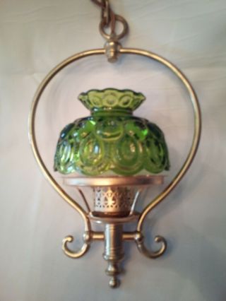 General Store Solid Brass Hanging Lamp With Green Depression Glass Shade