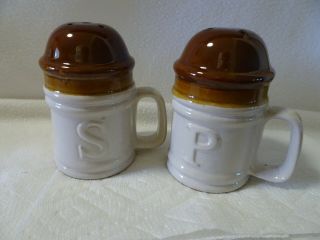 Vintage Brown/white Pottery Salt And Pepper Shakers - Plastic Stoppers - Euc