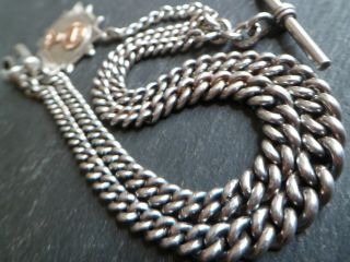 Heavy 44.  9g Vintage Solid Silver Double Albert Pocket Watch Chain,  9ct Frt Fob