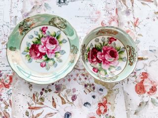 Floral Teacup & Saucer,  Vintage,  Hand Painted,  Japan,  Green Floral Pattern
