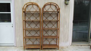 Vintage Bamboo 2 Round Top Bookcases With 5 Shelves