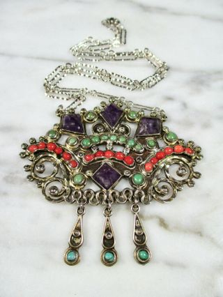 Vtg Mexican Matl Style Sterling Silver Amethyst Coral Turquoise Necklace Mexico