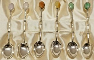 Vintage Chinese Sterling Silver Spoon Set Of 6 With Different Color Jade Stones