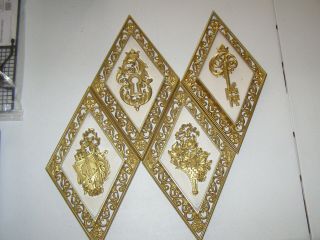 4 Vintage Gold Tone Diamond Shaped Syroco 4271 Plastic Wall Hangings