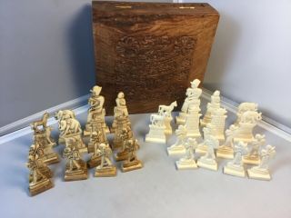 Vintage Hand Carved Bone Chess Set In Ornate Carved Box