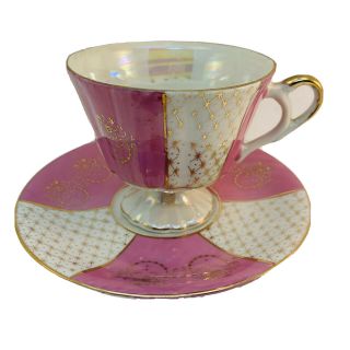 Vintage Iridescent Luster Pedestal Tea Cup And Saucer Pink White Gold Japan