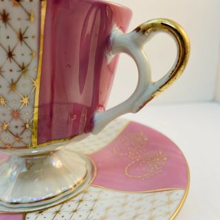 Vintage Iridescent Luster Pedestal Tea Cup and Saucer Pink White Gold Japan 3