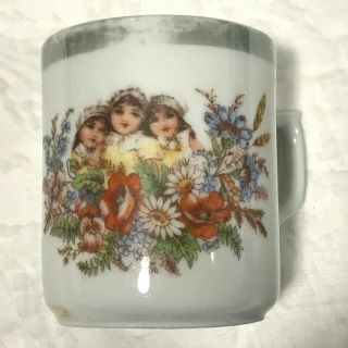 Antique Victorian Child ' s Cup Mug Three Girls in Flowers Germany Transferware 2