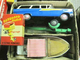 Vintage Toy Yonezawa Japan Lang Craft Boat & Motor,  Trailer,  Ford Station Wagon