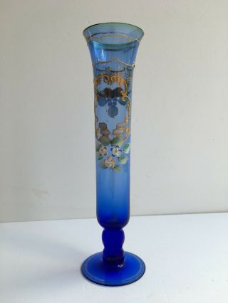 Vintage Delicate Thin Cobalt Blue Glass Hand Painted Bud Vase Tall Footed