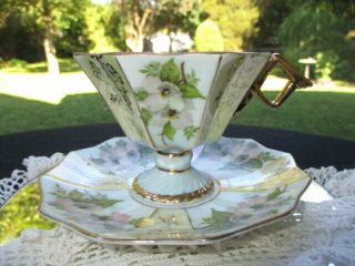 Pedestal Footed Cup Saucer Japan Pearl & Blue Luster Panels Pink Wild Roses